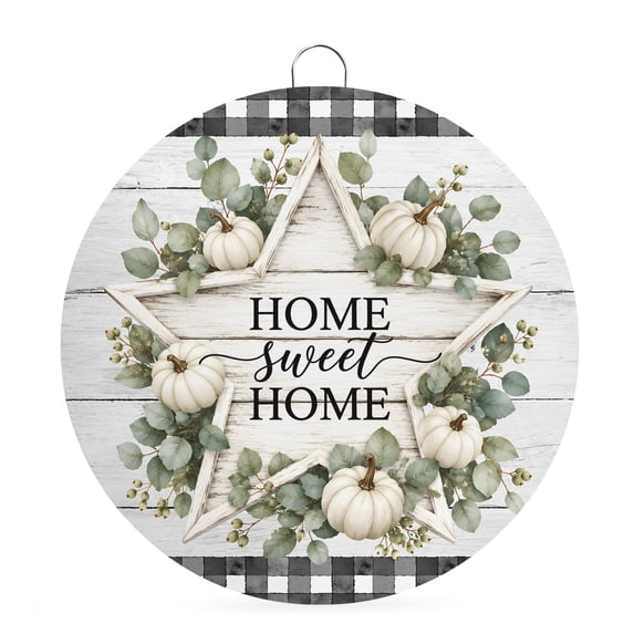 Welcome Sign for Front Door, Eucalyptus Star Fall Round Metal Wall Art Wreaths, Pumpkins Thanksgiving Black Checked Outdoor Indoor Wall Hanging Sign for Porch Decor Housewarming Gifts 7.9 Inch