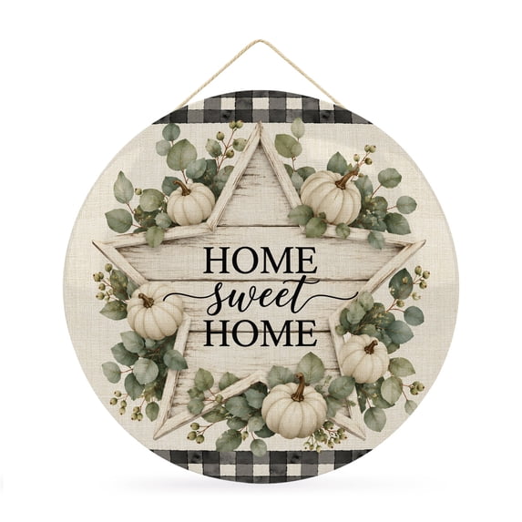 Welcome Sign for Front Door, Eucalyptus Star Fall Round Metal Wall Art Wreaths, Pumpkins Thanksgiving Checked Rustic Outdoor Indoor Wall Hanging Sign for Porch Decor Housewarming Gifts 11.8 Inch