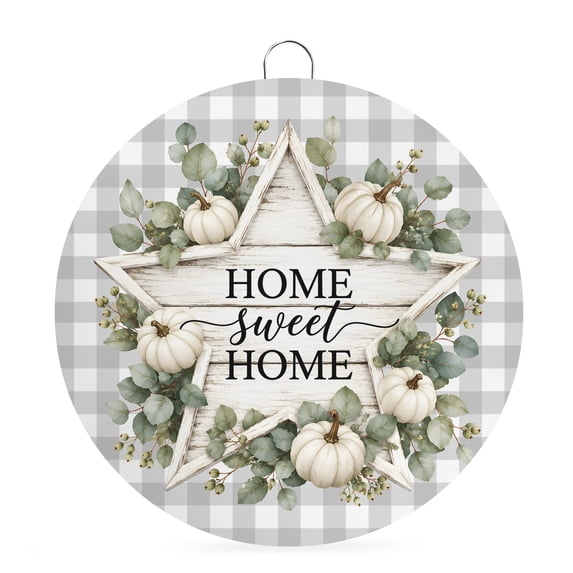 Welcome Sign for Front Door, Eucalyptus Star Fall Round Metal Wall Art Wreaths, Pumpkins Thanksgiving Grey Checked Outdoor Indoor Wall Hanging Sign for Porch Decor Housewarming Gifts 5.9 Inch
