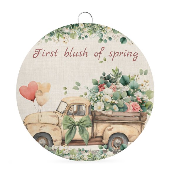 Welcome Sign for Front Door,Eucalyptus Trucks Round Metal Welcome Front Porch Decoration,Spring Farmhouse Floral Leaves Burlap Wall Hanging Sign for Living Room Kitchen Hallway Housewarming Gift 6''