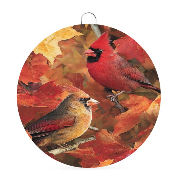 Welcome Sign for Front Door, Fall Cardinal Round Metal Wall Art Wreaths, Thanksgiving Autumn Maple Leaf Birds Outdoor Indoor Wall Hanging Sign for Porch Decor Housewarming Gifts 7.9 Inch