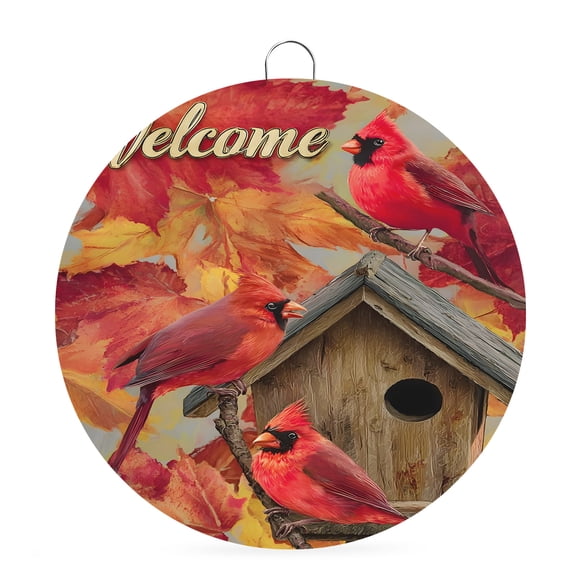 Welcome Sign for Front Door, Fall Cardinal Round Metal Wall Art Wreaths, Thanksgiving Watercolor Birds Maple Leaf Outdoor Indoor Wall Hanging Sign for Porch Decor Housewarming Gifts 5.9 Inch