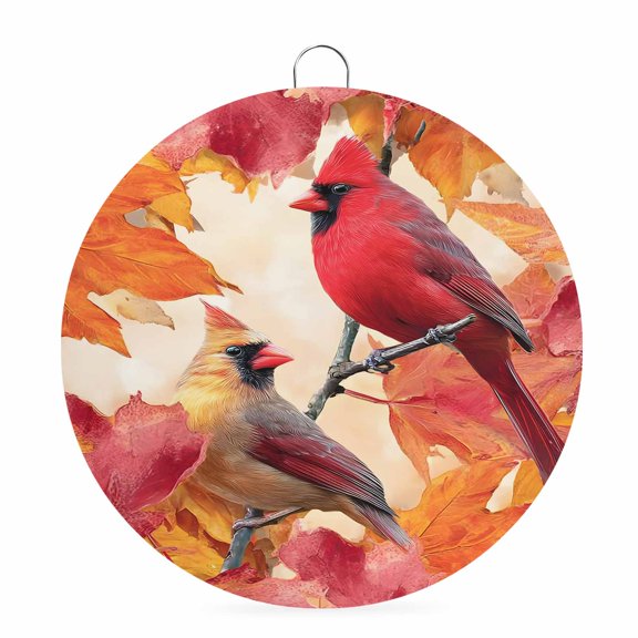 Welcome Sign for Front Door,Fall Cardinal Round Metal Welcome Front Porch Decoration,Thanksgiving Red Bird on Maple Leaf Wall Hanging Sign for Living Room Kitchen Hallway Housewarming Gift 6''