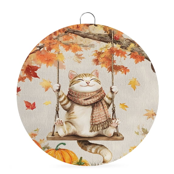 Welcome Sign for Front Door, Fall Cat Round Metal Wall Art Wreaths, Orange Maple Leaf Pumpkins Thanksgiving Outdoor Indoor Wall Hanging Sign for Porch Decor Housewarming Gifts 7.9 Inch
