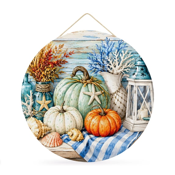 Welcome Sign for Front Door, Fall Coastal Pumpkins Round Metal Wall Art Wreaths, Ocean Nautical Coral Wood Grain Outdoor Indoor Wall Hanging Sign for Porch Decor Housewarming Gifts 11.8 Inch
