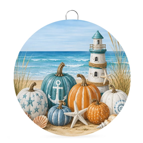 Welcome Sign for Front Door, Fall Coastal Pumpkins Round Metal Wall Art Wreaths, Thanksgiving Autumn Beach Nautical Outdoor Indoor Wall Hanging Sign for Porch Decor Housewarming Gifts 7.9 Inch
