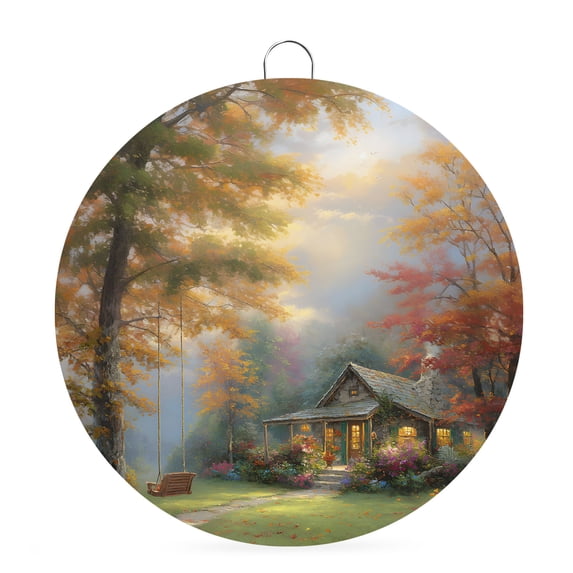Welcome Sign for Front Door,Fall Forest Round Metal Welcome Front Porch Decoration,Country Pastoral Trees Cabin Nature Scenery Wall Hanging Sign for Living Room Kitchen Hallway Housewarming Gift 6''