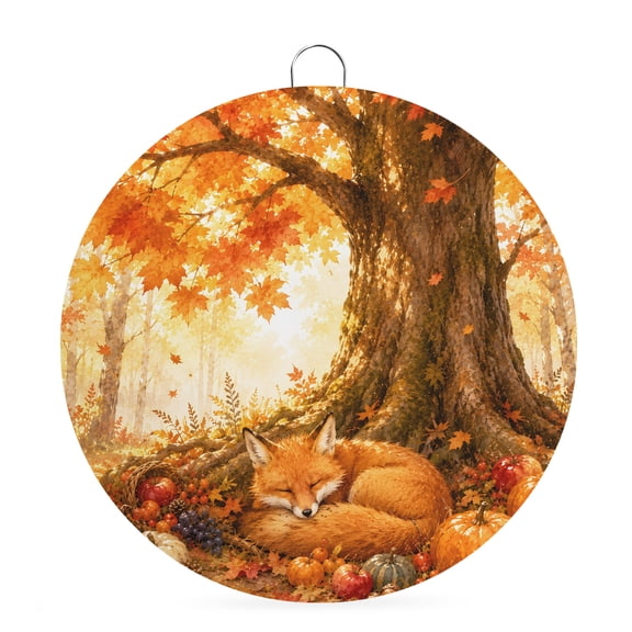 Welcome Sign for Front Door, Fall Fox Round Metal Wall Art Wreaths, Retro Country Wildlife Maple Leaves Pumpkins Outdoor Indoor Wall Hanging Sign for Porch Decor Housewarming Gifts 5.9 Inch