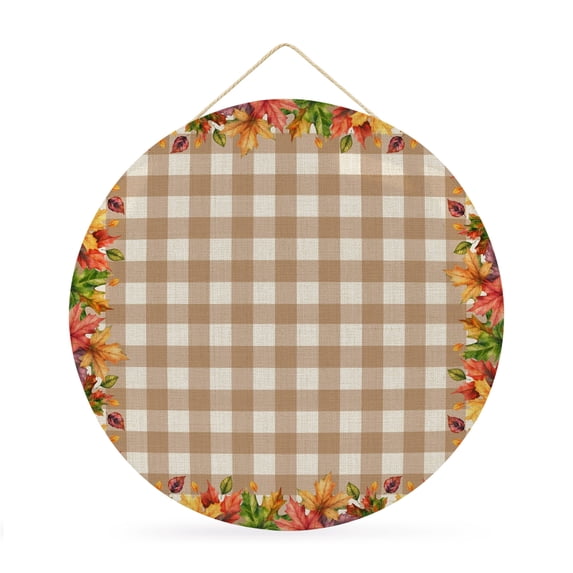 Welcome Sign for Front Door, Fall Maple Leaves Round Metal Wall Art Wreaths, Thanksgiving Beige Brown Plaid Outdoor Indoor Wall Hanging Sign for Porch Decor Housewarming Gifts 11.8 Inch