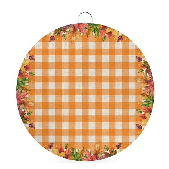 Welcome Sign for Front Door, Fall Maple Leaves Round Metal Wall Art Wreaths, Thanksgiving Beige Orange Plaid Outdoor Indoor Wall Hanging Sign for Porch Decor Housewarming Gifts 7.9 Inch