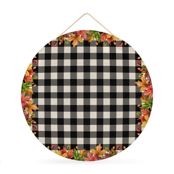 Welcome Sign for Front Door, Fall Maple Leaves Round Metal Wall Art Wreaths, Thanksgiving Botanical Black Checkered Outdoor Indoor Wall Hanging Sign for Porch Decor Housewarming Gifts 11.8 Inch