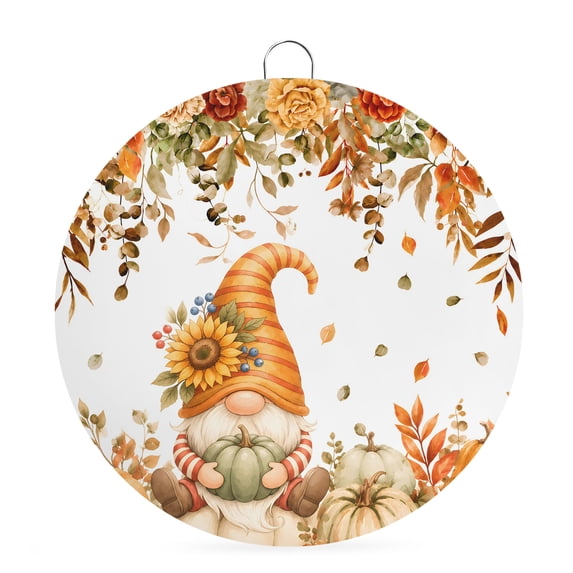 Welcome Sign for Front Door, Fall Orange Pumpkins Round Metal Wall Art Wreaths, Thanksgiving Autumn Gnoems Flower Leaf Outdoor Indoor Wall Hanging Sign for Porch Decor Housewarming Gifts 5.9 Inch