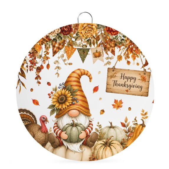 Welcome Sign for Front Door, Fall Orange Pumpkins Round Metal Wall Art Wreaths, Thanksgiving Autumn Gnomes Floral Leaf Outdoor Indoor Wall Hanging Sign for Porch Decor Housewarming Gifts 7.9 Inch