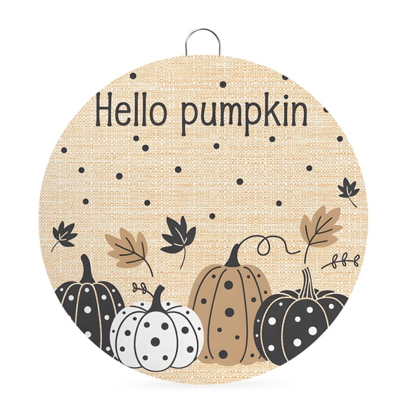 Welcome Sign for Front Door, Fall Pumpkin 8 Inch Round Metal Sign for Home Decoration, Thanksgiving Black White Brown Dot Leaf Decorative Wall Signs for Holiday Party Supplies Decor