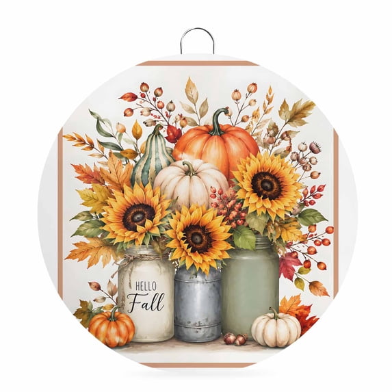 Welcome Sign for Front Door, Fall Pumpkin Round Metal Wall Art Wreaths, Autumn Thanksgiving Maple Leaves Floral Plants Outdoor Indoor Wall Hanging Sign for Porch Decor Housewarming Gifts 7.9 Inch