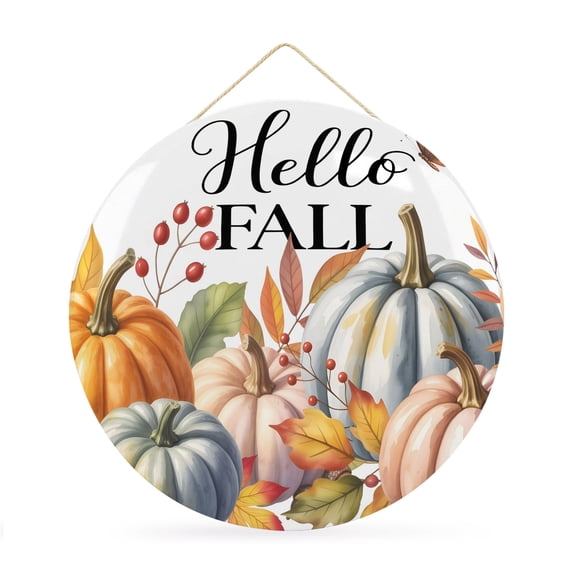 Welcome Sign for Front Door, Fall Pumpkin Round Metal Wall Art Wreaths, Pink Orange Blue Thanksgiving Leaves Fruit Outdoor Indoor Wall Hanging Sign for Porch Decor Housewarming Gifts 11.8 Inch