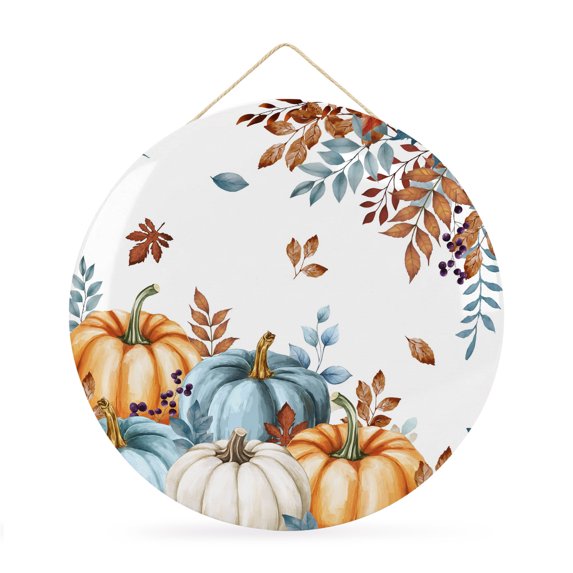 Welcome Sign for Front Door, Fall Pumpkins Orange Blue Round Metal Wall Art Wreaths, Thanksgiving Botanical Outdoor Indoor Wall Hanging Sign for Porch Decor Housewarming Gifts 11.8 Inch