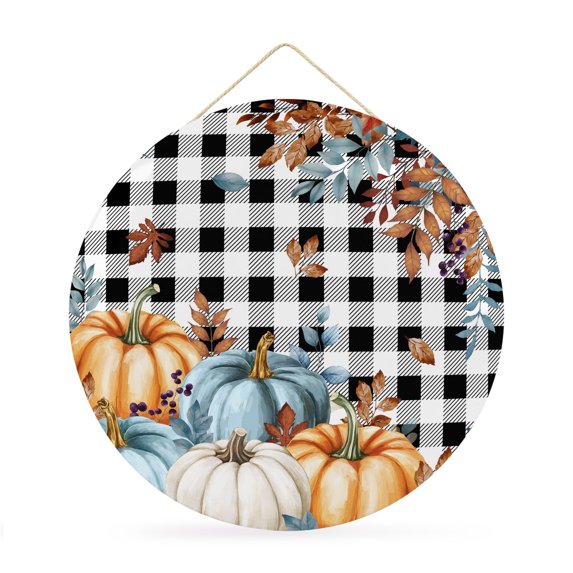 Welcome Sign for Front Door, Fall Pumpkins Orange Blue Round Metal Wall Art Wreaths, Thanksgiving Botanical Plaid Outdoor Indoor Wall Hanging Sign for Porch Decor Housewarming Gifts 11.8 Inch