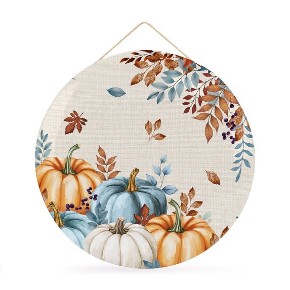 Welcome Sign for Front Door, Fall Pumpkins Orange Blue Round Metal Wall Art Wreaths, Thanksgiving Botanical Rustic Outdoor Indoor Wall Hanging Sign for Porch Decor Housewarming Gifts 11.8 Inch