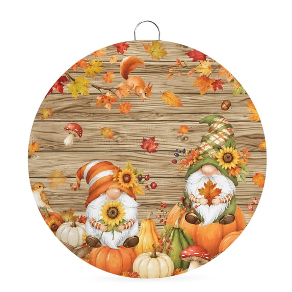 Welcome Sign for Front Door, Fall Pumpkins Round Metal Wall Art Wreaths, Farmhouse Harvest Gnomes Maple Leaf Wood Grain Outdoor Indoor Wall Hanging Sign for Porch Decor Housewarming Gifts 7.9 Inch