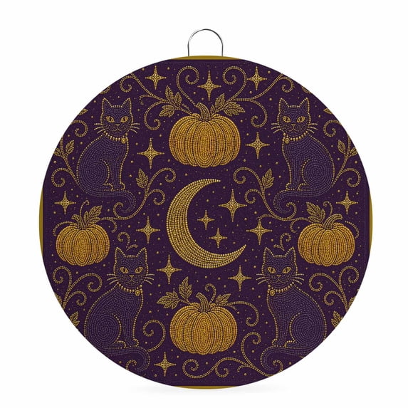 Welcome Sign for Front Door, Fall Pumpkins Round Metal Wall Art Wreaths, Halloween Rustic Night Moon Cats Purple Outdoor Indoor Wall Hanging Sign for Porch Decor Housewarming Gifts 5.9 Inch
