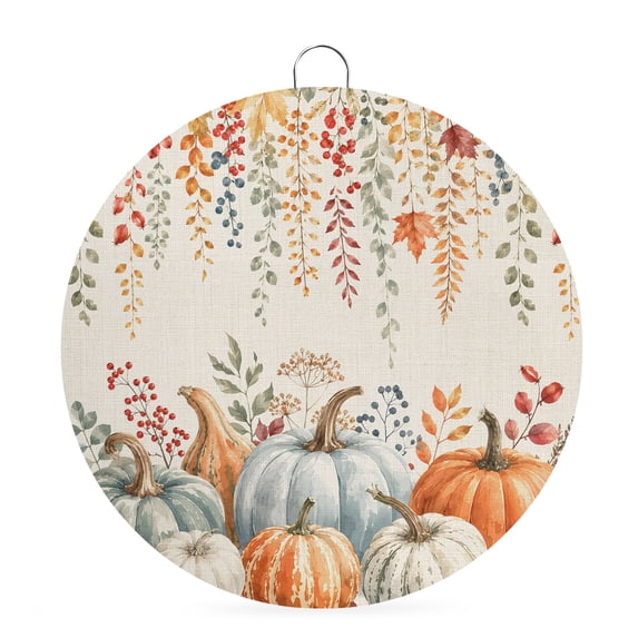Welcome Sign for Front Door, Fall Pumpkins Round Metal Wall Art Wreaths, Rustic Maple Leaf Harvest Thanksgiving Outdoor Indoor Wall Hanging Sign for Porch Decor Housewarming Gifts 7.9 Inch