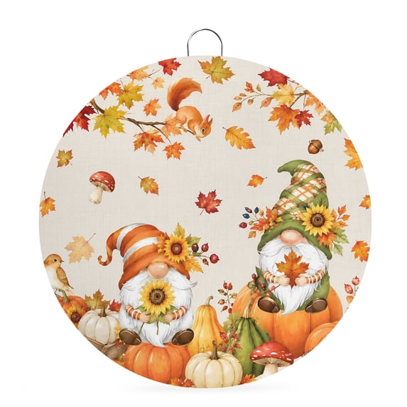 Welcome Sign for Front Door, Fall Pumpkins Round Metal Wall Art Wreaths, Thanksgiving Harvest Gnomes Maple Leaf Beige Outdoor Indoor Wall Hanging Sign for Porch Decor Housewarming Gifts 5.9 Inch