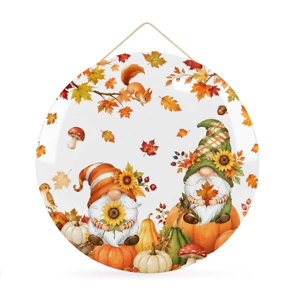 Welcome Sign for Front Door, Fall Pumpkins Round Metal Wall Art Wreaths, Thanksgiving Harvest Gnomes Maple Leaves Outdoor Indoor Wall Hanging Sign for Porch Decor Housewarming Gifts 11.8 Inch