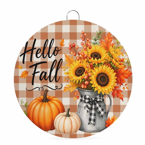Welcome Sign for Front Door, Fall Pumpkins Round Metal Wall Art Wreaths, Thanksgiving Maple Leaves Flowers Plaid Brown Outdoor Indoor Wall Hanging Sign for Porch Decor Housewarming Gifts 7.9 Inch