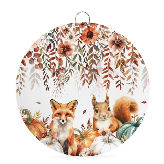 Welcome Sign for Front Door, Fall Pumpkins Round Metal Wall Art Wreaths, Thanksgiving Squirrel Fox Flower Leaf Outdoor Indoor Wall Hanging Sign for Porch Decor Housewarming Gifts 7.9 Inch