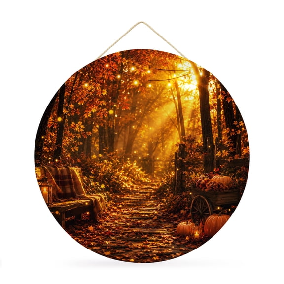 Welcome Sign for Front Door, Fall Round Metal Wall Art Wreaths, Farmhouse Rustic Roads Pumpkins Maple Leaves Orange Outdoor Indoor Wall Hanging Sign for Porch Decor Housewarming Gifts 11.8 Inch