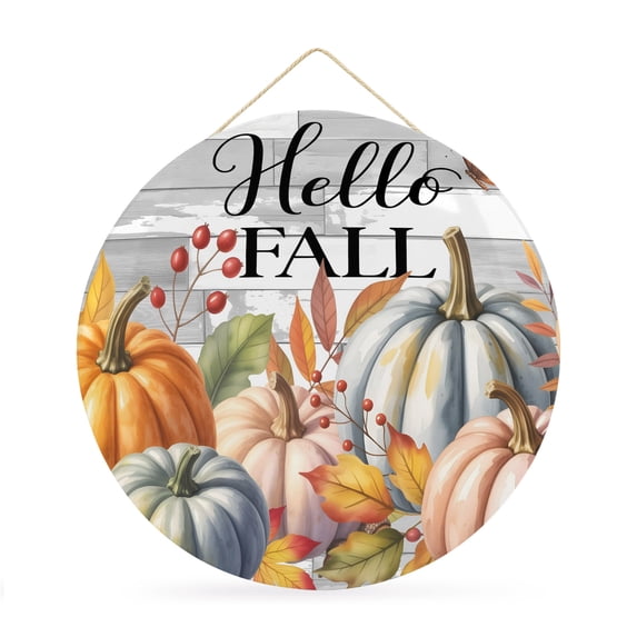 Welcome Sign for Front Door, Fall Round Metal Wall Art Wreaths, Thanksgiving Pink Orange Blue Pumpkin Grey Wooden Outdoor Indoor Wall Hanging Sign for Porch Decor Housewarming Gifts 11.8 Inch