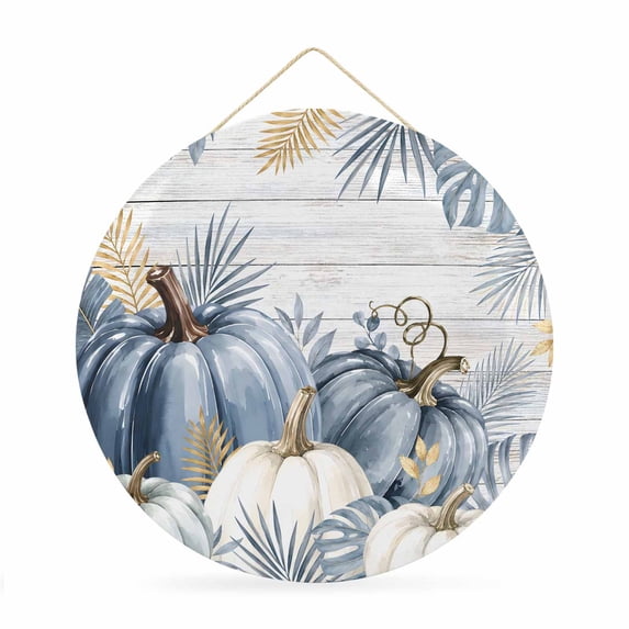Welcome Sign for Front Door, Fall Thanksgiving Pumpkin Round Metal Wall Art Wreaths, Monstera Leaves Botanical Wood Gray Outdoor Indoor Wall Hanging Sign for Porch Decor Housewarming Gifts 11.8 Inch