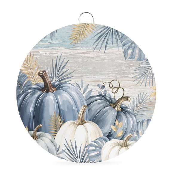 Welcome Sign for Front Door, Fall Thanksgiving Pumpkin Round Metal Wall Art Wreaths, Rustic Tropical Botanical Blue Outdoor Indoor Wall Hanging Sign for Porch Decor Housewarming Gifts 5.9 Inch