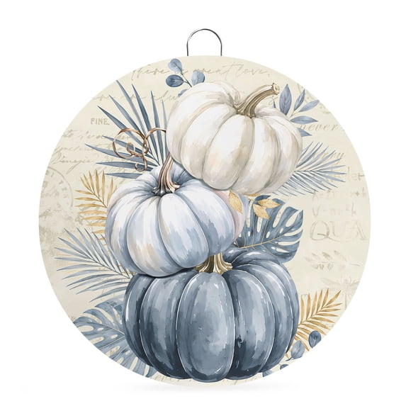 Welcome Sign for Front Door, Fall Thanksgiving Pumpkin Round Metal Wall Art Wreaths, Tropical Monstera Leaf Beige Outdoor Indoor Wall Hanging Sign for Porch Decor Housewarming Gifts 5.9 Inch