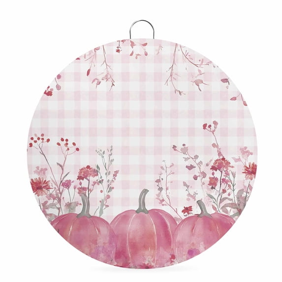Welcome Sign for Front Door, Fall Thanksgiving Round Metal Wall Art Wreaths, Autumn Pink Pumpkins Maple Leaf Plaid Outdoor Indoor Wall Hanging Sign for Porch Decor Housewarming Gifts 5.9 Inch