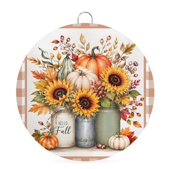 Welcome Sign for Front Door, Fall Thanksgiving Round Metal Wall Art Wreaths, Autumn Pumpkin Floral Botanical Plaid Tan Outdoor Indoor Wall Hanging Sign for Porch Decor Housewarming Gifts 5.9 Inch