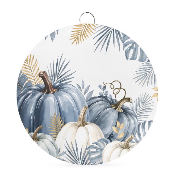 Welcome Sign for Front Door, Fall Thanksgiving Round Metal Wall Art Wreaths, Blue White Pumpkin Monstera Leaf Rustic Outdoor Indoor Wall Hanging Sign for Porch Decor Housewarming Gifts 5.9 Inch