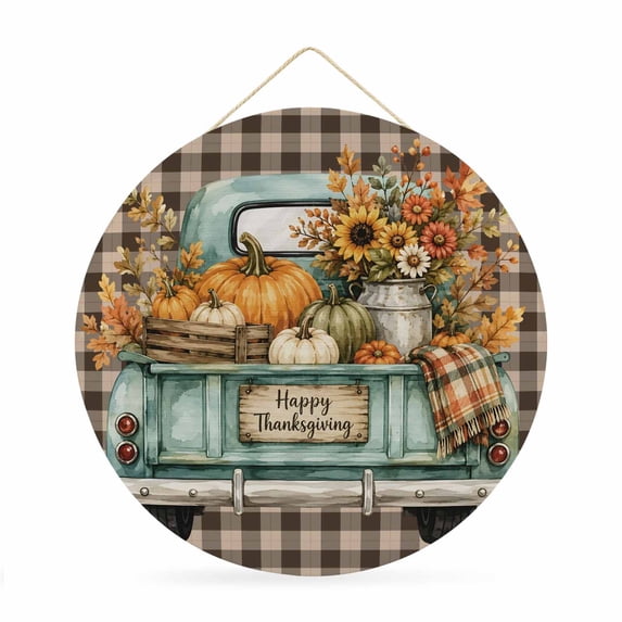 Welcome Sign for Front Door, Fall Thanksgiving Round Metal Wall Art Wreaths, Farmhouse Pumpkin Truck Maple Leaf Plaid Outdoor Indoor Wall Hanging Sign for Porch Decor Housewarming Gifts 11.8 Inch