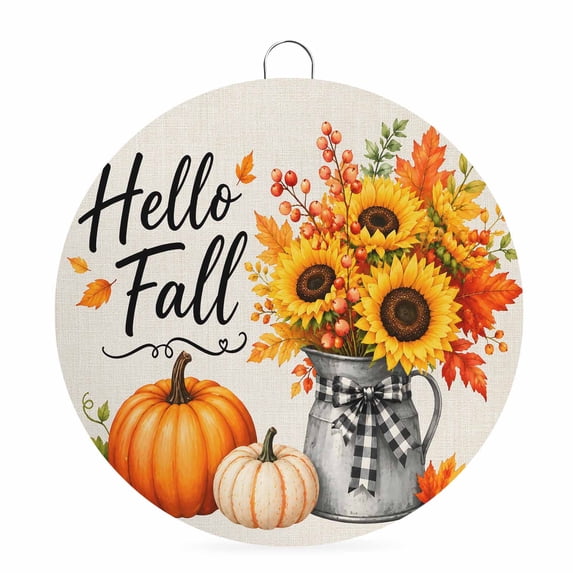 Welcome Sign for Front Door, Fall Thanksgiving Round Metal Wall Art Wreaths, Orange White Pumpkin Leaves Flower Beige Outdoor Indoor Wall Hanging Sign for Porch Decor Housewarming Gifts 7.9 Inch
