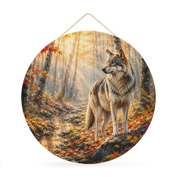 Welcome Sign for Front Door, Fall Wolf Round Metal Wall Art Wreaths, Autumn Forest Wild Animals Maple Leaves Outdoor Indoor Wall Hanging Sign for Porch Decor Housewarming Gifts 11.8 Inch