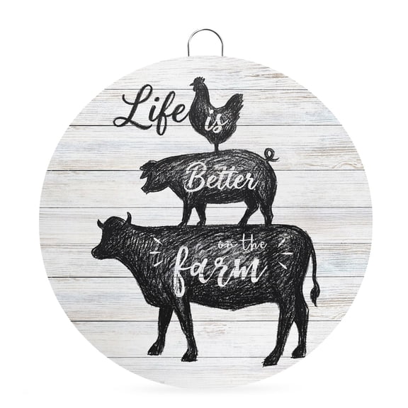 Welcome Sign for Front Door,Farm Animals Round Metal Welcome Front Porch Decor,Chicken Pig Cattle Rustic Retro Wooden Board Wall Hanging Sign for Living Room Kitchen Hallway Housewarming Gift 8''