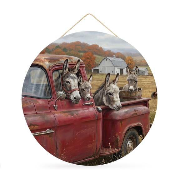 Welcome Sign for Front Door,Farm Donkey Round Metal Welcome Front Porch Decor,Farmhouse Pastoral Truck Animals Cabin Trees Wall Hanging Sign for Living Room Kitchen Hallway Housewarming Gift 12''