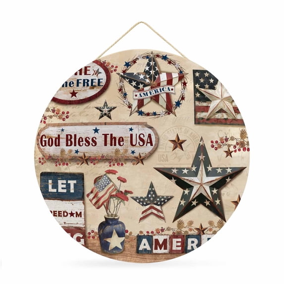 Welcome Sign for Front Door,Farmhouse 4th of July Round Metal Welcome Front Porch Decoration,American Country Star Rustic Wall Hanging Sign for Living Room Kitchen Hallway Housewarming Gift 12''