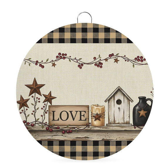 Welcome Sign for Front Door, Farmhouse Barn Round Metal Wall Art Wreaths, Rustic Vintage Star Berry Candle Gingham Outdoor Indoor Wall Hanging Sign for Porch Decor Housewarming Gifts 5.9 Inch