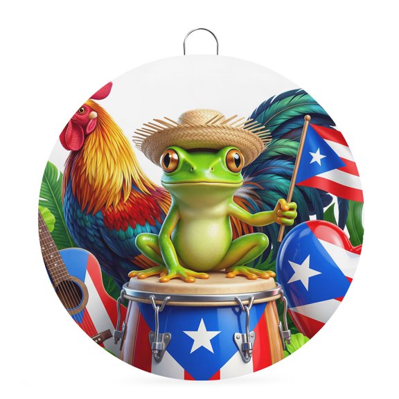 Welcome Sign for Front Door,Farmhouse Frog Rooster Round Metal Welcome Front Porch Decoration,Puerto Rico Flag Tropical Wall Hanging Sign for Living Room Kitchen Hallway Housewarming Gift 6''