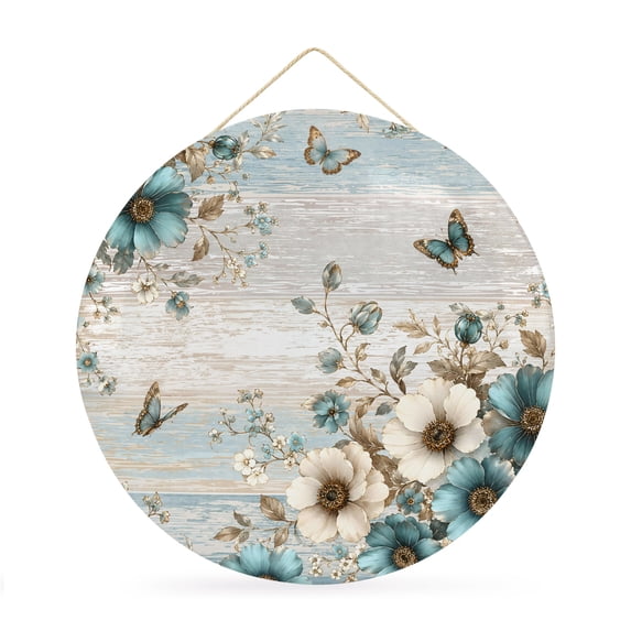 Welcome Sign for Front Door, Farmhouse Teal Tulips Round Metal Wall Art Wreaths, Blue Grey Butterflies Retro Floral Outdoor Indoor Wall Hanging Sign for Porch Decor Housewarming Gifts 11.8 Inch