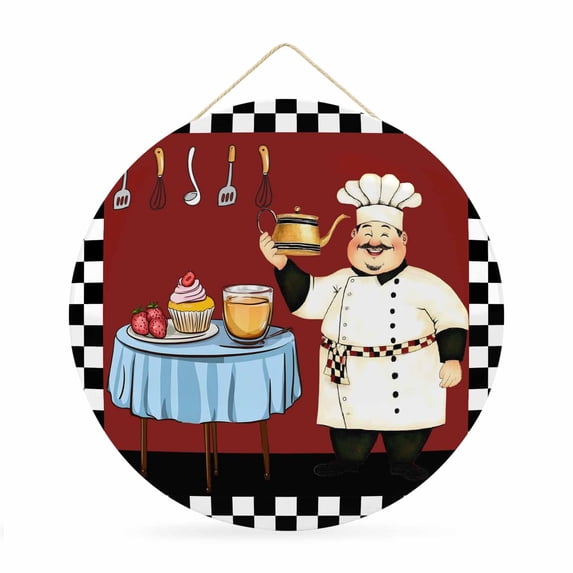 Welcome Sign for Front Door,Fat Chef Round Metal Welcome Front Porch Decoration,Red Cartoon Cakes Food Cooking Farmhouse Plaid Wall Hanging Sign for Living Room Kitchen Hallway Housewarming Gift 12''