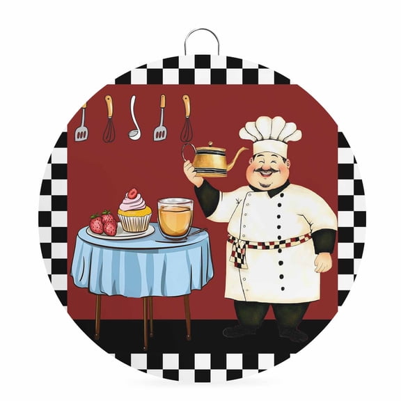 Welcome Sign for Front Door,Fat Chef Round Metal Welcome Front Porch Decoration,Red Cartoon Cakes Food Cooking Farmhouse Plaid Wall Hanging Sign for Living Room Kitchen Hallway Housewarming Gift 6''