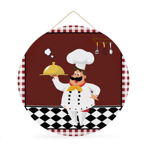 Welcome Sign for Front Door,Fat Chef Round Metal Welcome Front Porch Decoration,Red Gourmet Kitchen Red Black Buffalo Plaid Wall Hanging Sign for Living Room Kitchen Hallway Housewarming Gift 12''